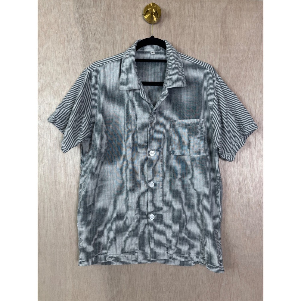 Mens Blue White Seersucker Stripe Short Sleeve Camp Collar Quilted Feel Shirt M